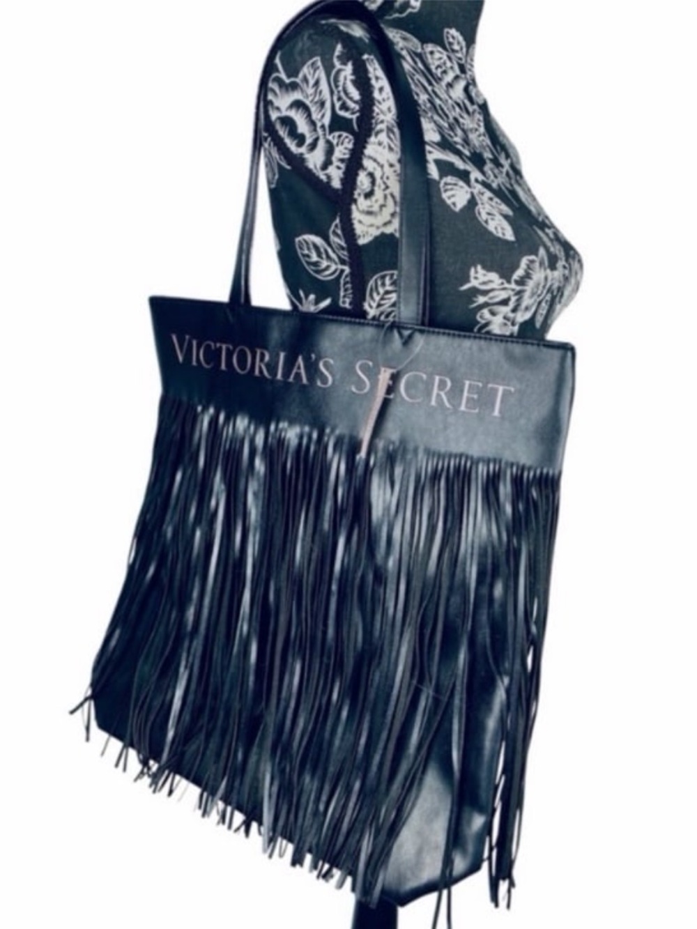 NWT VS black faux leather fringe travel tote bag size large